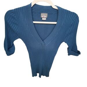 Dots Womens Sz S Blue Green Solid 3/4 Sleeve Ribbed Sweater